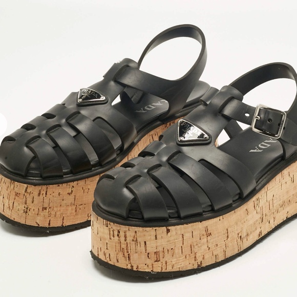 Prada Prada Black Rubber Monolith Platform Cork Sandals - Picture 1 of 12